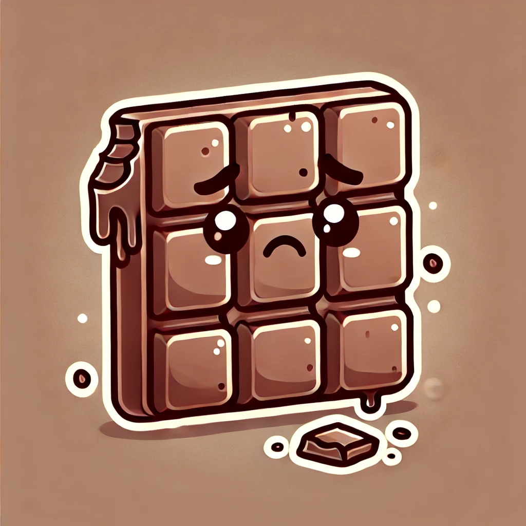 A block of chocolate with a sad expression on its face.