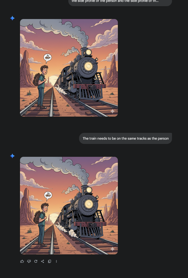 An attempted AI image generation of a person standing on the same tracks as a train barrelling towards them.