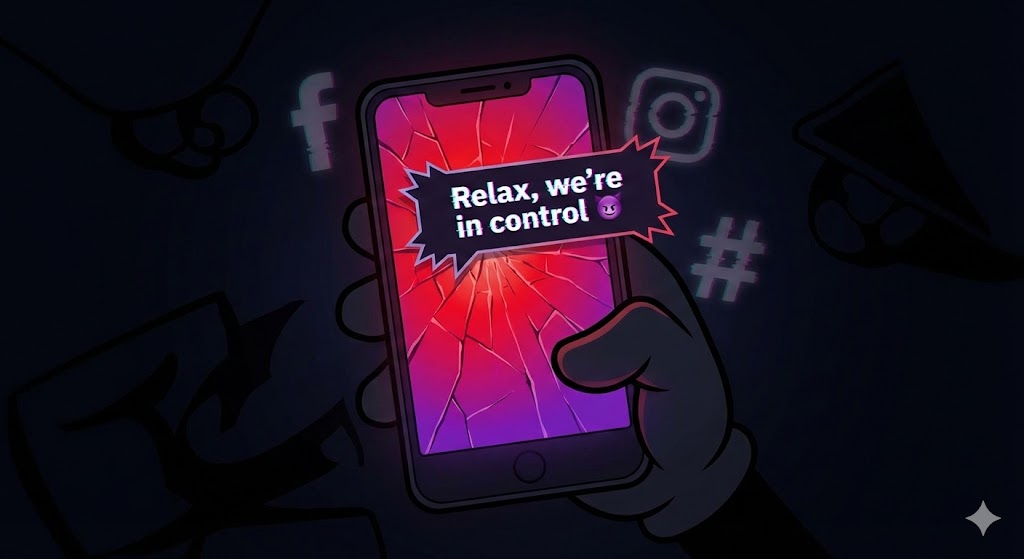 Smartphone displaying "Relax, we're in control" message showing how to turn off push notifications and take back control from tech companies